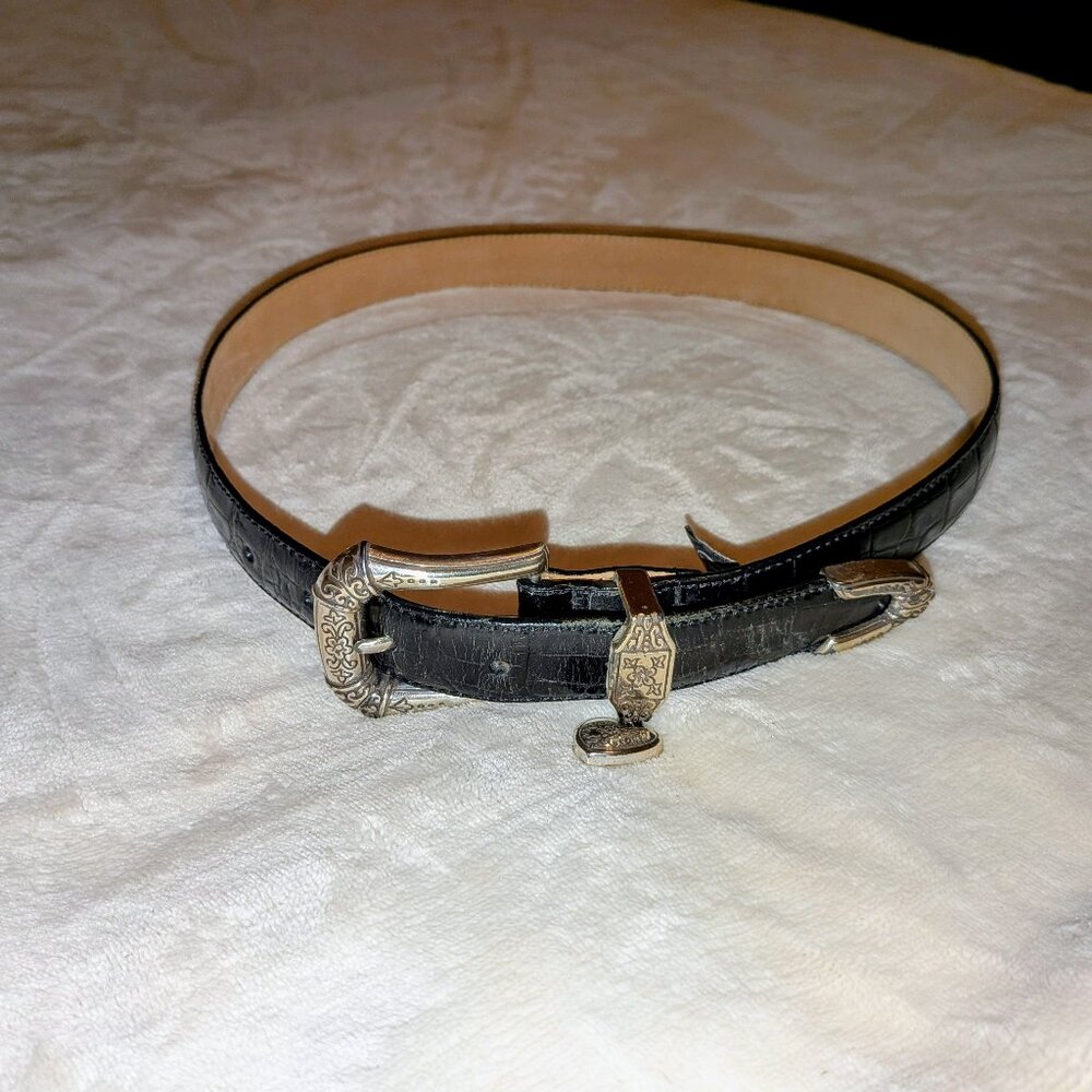 Women black leather belt with decorative buckle